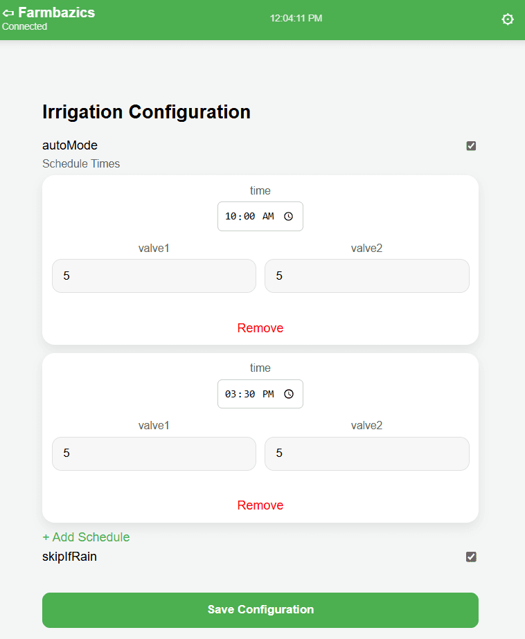 Irrigation schedule configuration
